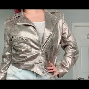 Silver Metallic Crop Moto Jacket